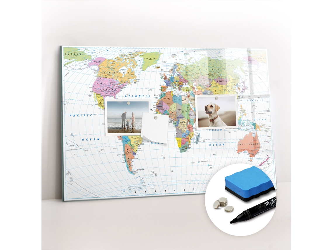 Quadro De Vidro Magnético Mapa-múndi Político Para O Corredor Espelharte (60x40 Cm)