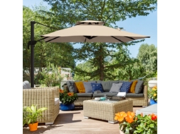 Guarda-sol De Alumínio Para Jardim 300x300 Cm Com Manivela, Poste Giratório 360°, Teto Duplo Inclinável Na Cor Caqui