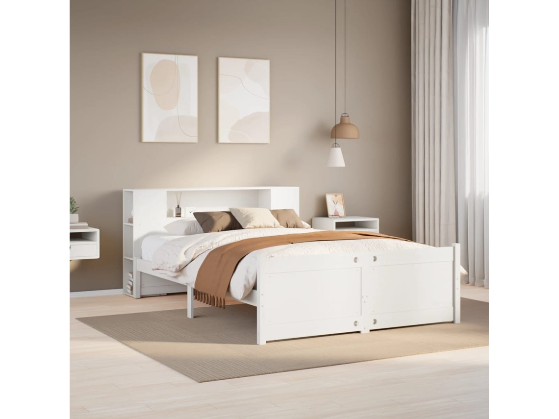 Cama Com Estante Sem Colchão 160x200 Cm Pinho Maciço Branco