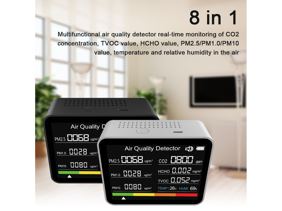 Detector de Qualidade do Ar 8 em 1 com Co2 Pm2.5 Hcho Tvoc Temperatura Umidade para Casa Escritório Carro S/MARCA