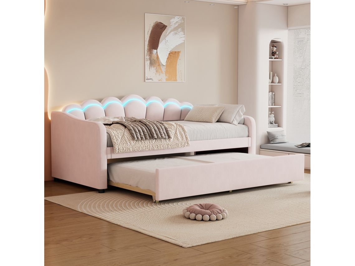 Sofá cama veludo rosa 90x200 cm com cama deslizante, LED multicolorido, controlo remoto VSOGA