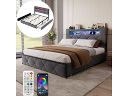 Cama Capitonê 140x200cm com Led, com Armazenamento, Cabeceira com USB, Estrado Incluído, Bege BURSDANY