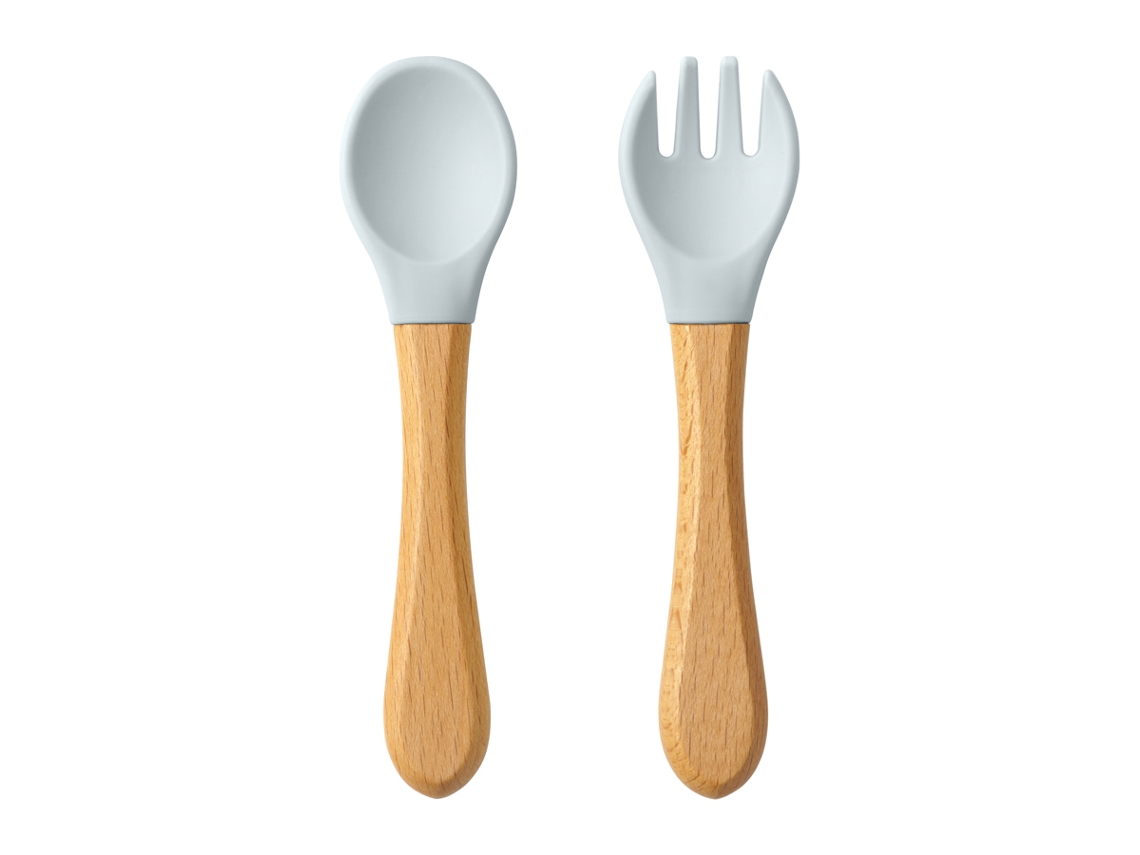 Conjunto de Dois Utensílios de Mesa para Bebê em Silicone e Madeira com Cabos de Madeira. MDUG (acinzentado azulado)