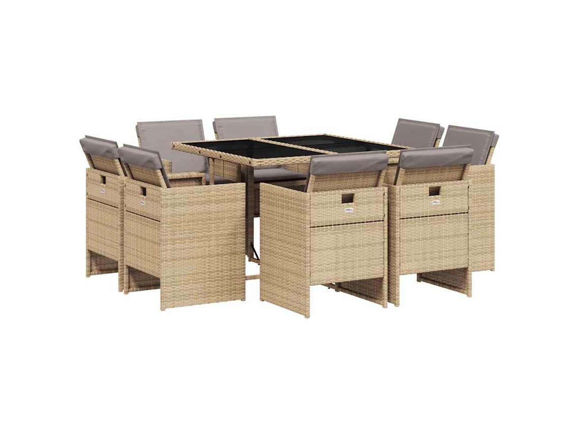 Conjunto de 9 Jantar para Jardim com Almofadões Vime Pe Bege Misturado MAISON EXCLUSIVE