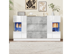 Sideboard Elegante 2 Portas 3 Gavetas Acabamento Brilhante Branco Marmorato Led 16 Cores 140x35x75 Cm Mega Echo Trade Shop