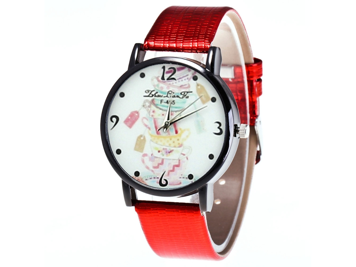Relógio de quartzo unissex com pulseira de couro sintético, mostrador vermelho clássico e casual.