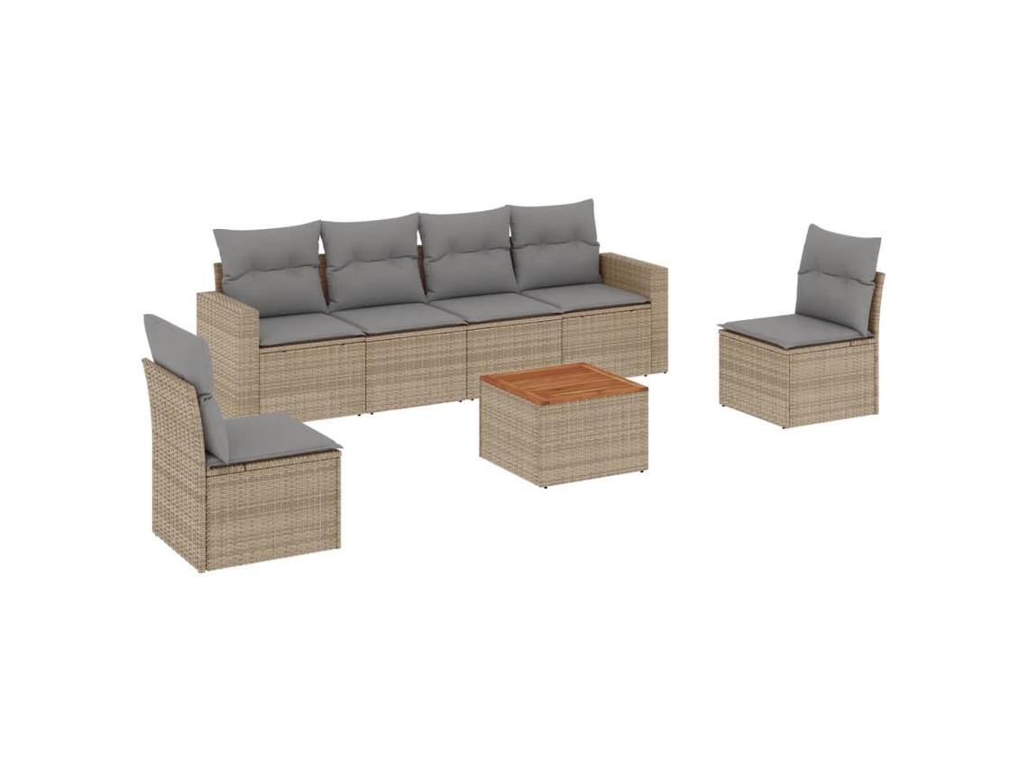 Conjunto de 7 sofás de jardim com almofadões Vime Pe Bege Misturado MAISON EXCLUSIVE