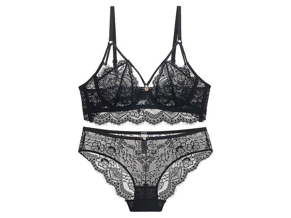 Sutiã de Renda Sensual com Preenchimento Leve e Calcinha de Renda, Tecido Respirável e Confortável Preto