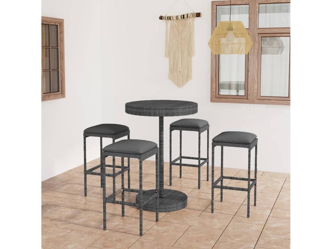 Vidaxl 5 Pcs Conjunto De Bar P/ Jardim C/ Almofadões Vime Pe Cinzento