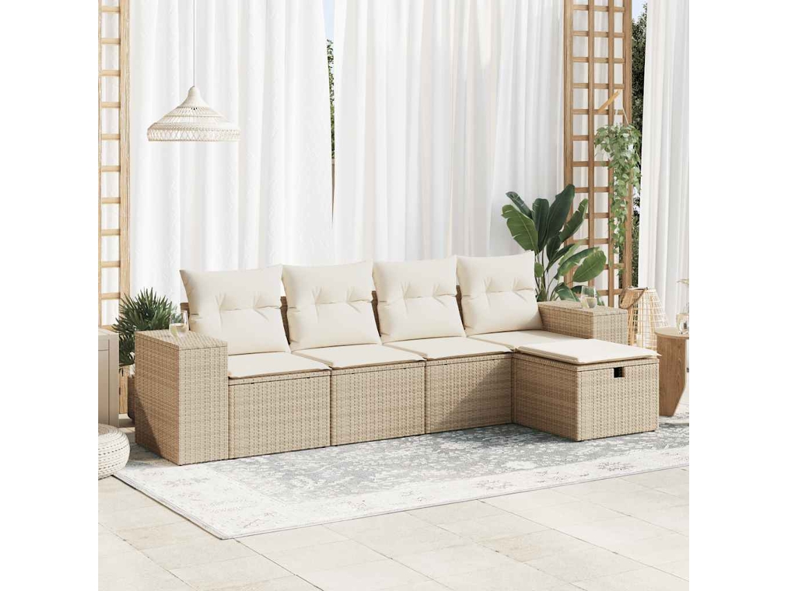 Vidaxl 5 Pcs Conjunto De Sofás P/ Jardim Com Almofadões Vime Pe Bege