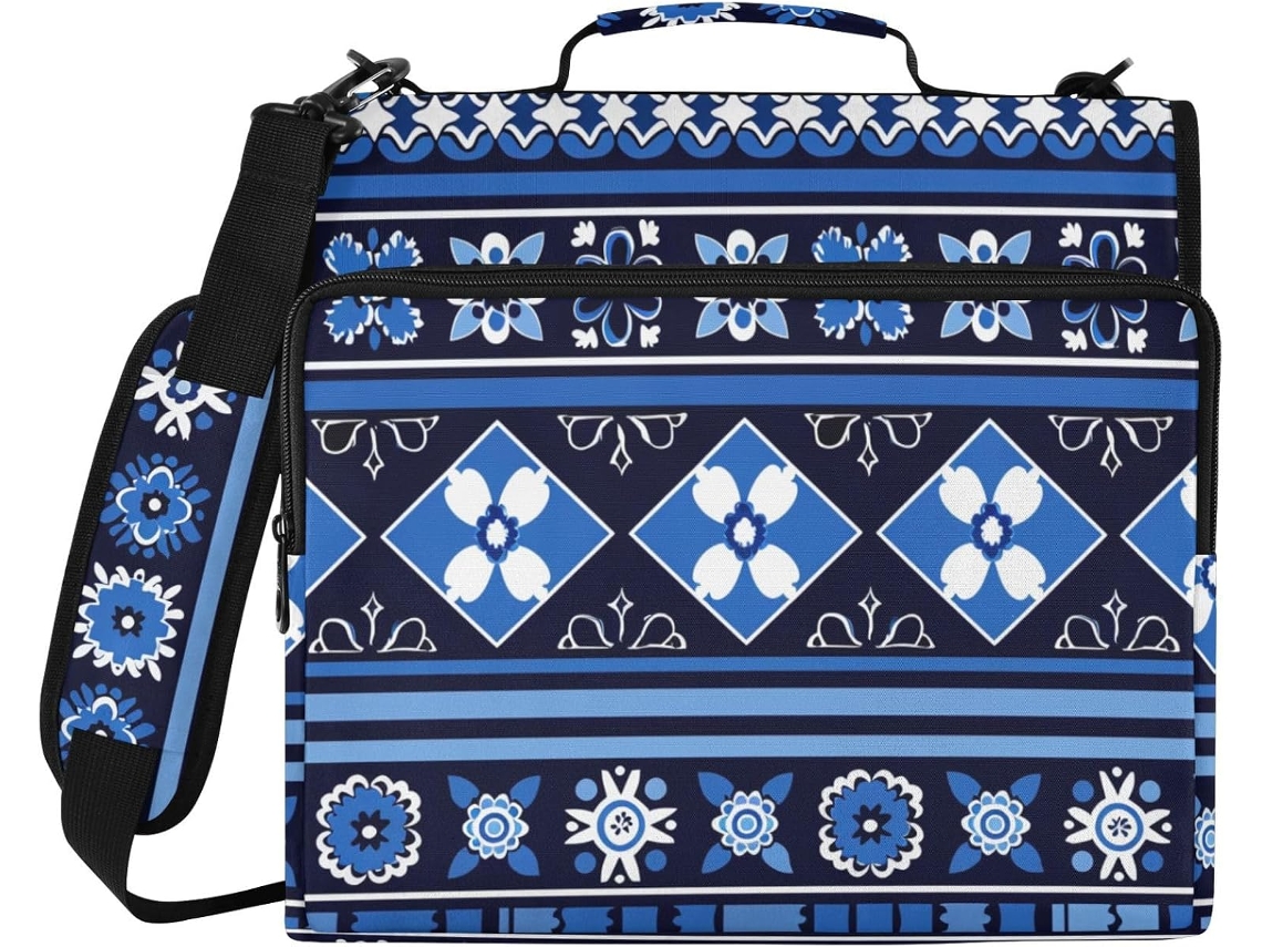 Bolsa resistente com zíper e bordado floral, azul elétrico, 3 argolas, com alças removíveis, tamanho grande.