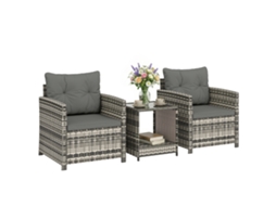 Jardim exterior 3 peças em resina trançada: mesa e 2 poltronas com almofadas, 62x65x75cm, cinza claro BTFORUS