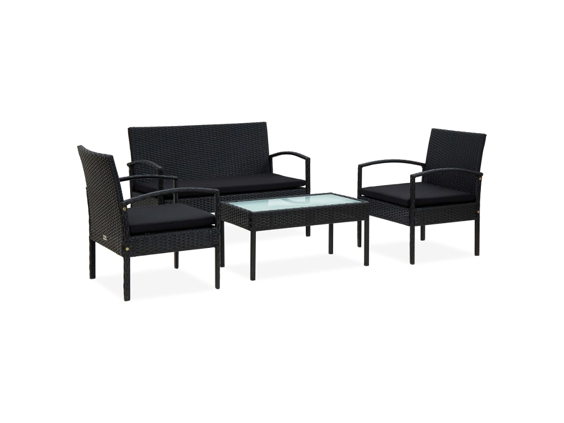 Vidaxl 4 Pcs Conjunto Lounge De Jardim C/ Almofadões Vime Pe Preto