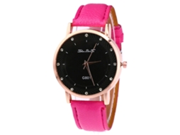 Relógio de quartzo com pulseira de couro PU, mostrador redondo, decoração com strass, unissex, Zhoulianfa (rosa e vermelho)