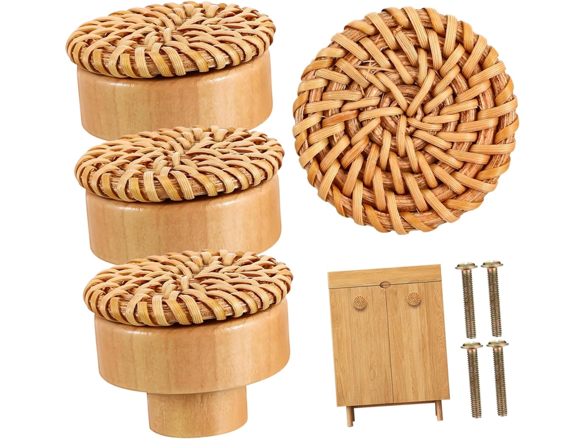Doitool Puxadores De Rattan Para Armário, Conjunto De 4 Peças, Puxadores De Madeira Para Gavetas, Estilo Boho, Para