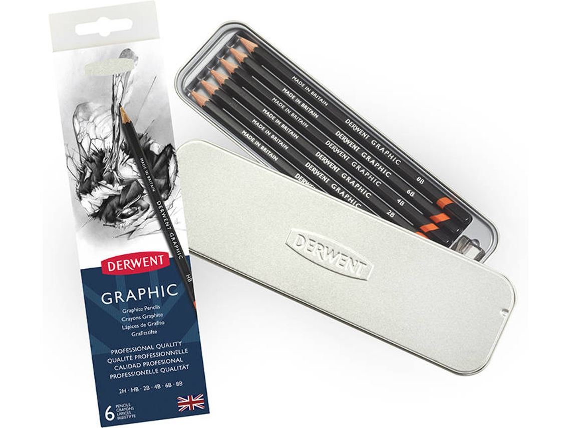 Caixa Metal DERWENT 6 Lápis Graficos+Afia