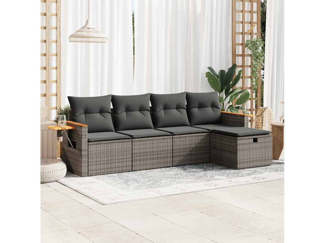 Vidaxl 5 Pcs Conjunto Sofás De Jardim C/ Almofadões Vime Pe Cinzento