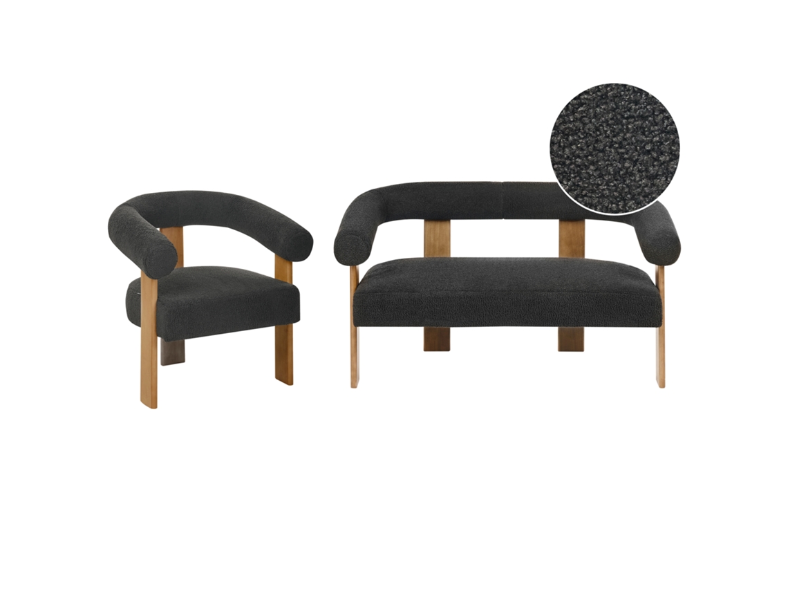 Conjunto De Assentos Estofados Com Pernas De Madeira Beliani Ilbro De Bouclé Preto/castanho Escuro 138x68x76