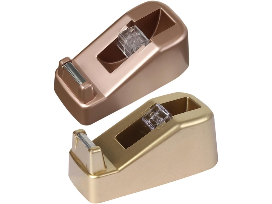 Dispensador portátil de adesivo de plástico, cortador sem rebarbas, design redondo para uso em mesas e bancadas.