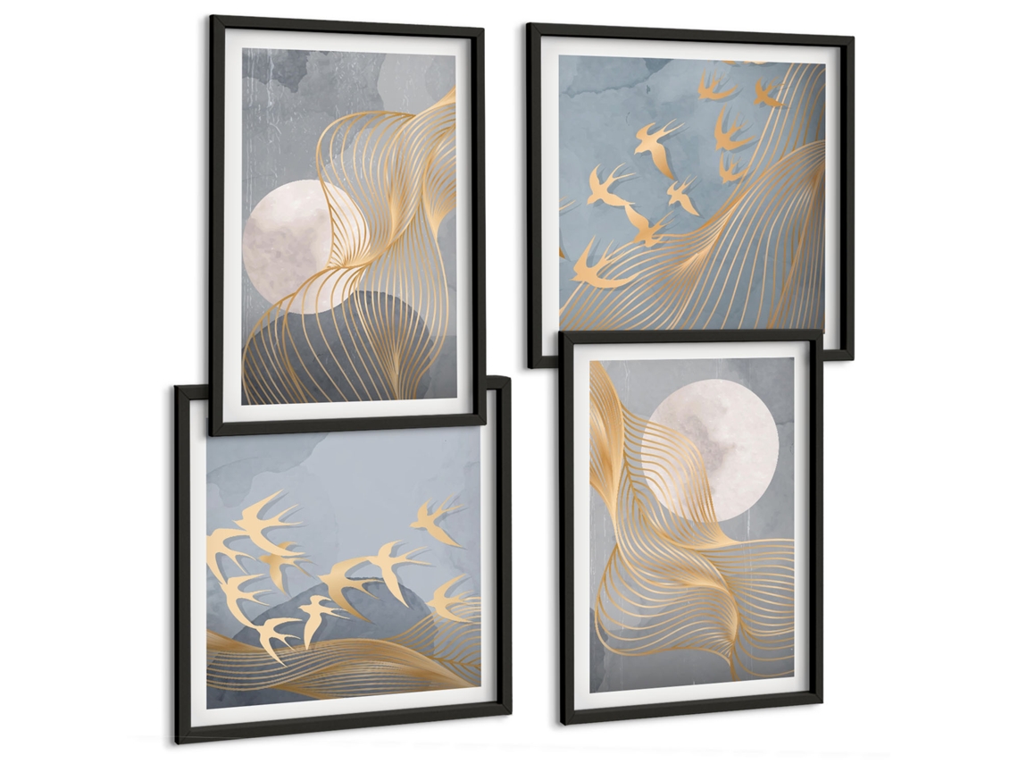 Composição De Quadros Ondas Abstratas E Pássaros Espelharte (4 Peças)