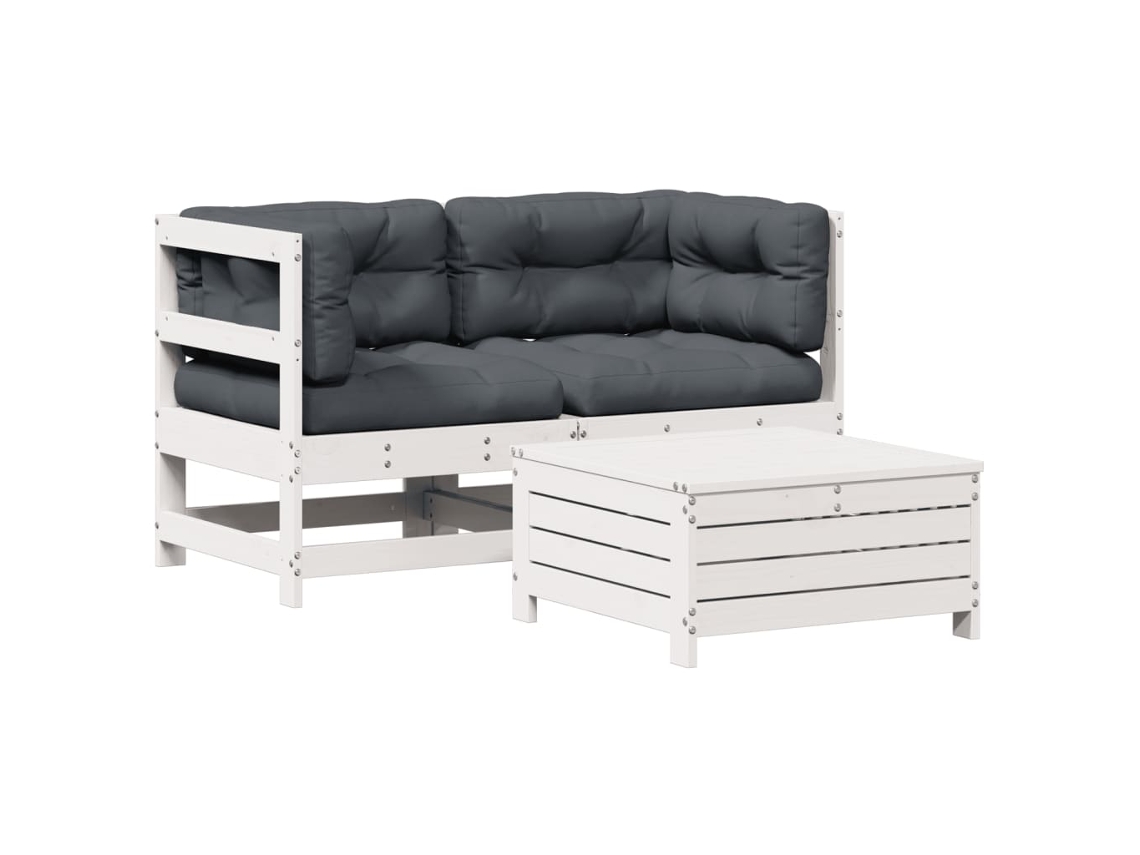Conjunto 3 Lounge Jardim com Almofadões Pinho VIDAXL Maciço Branco