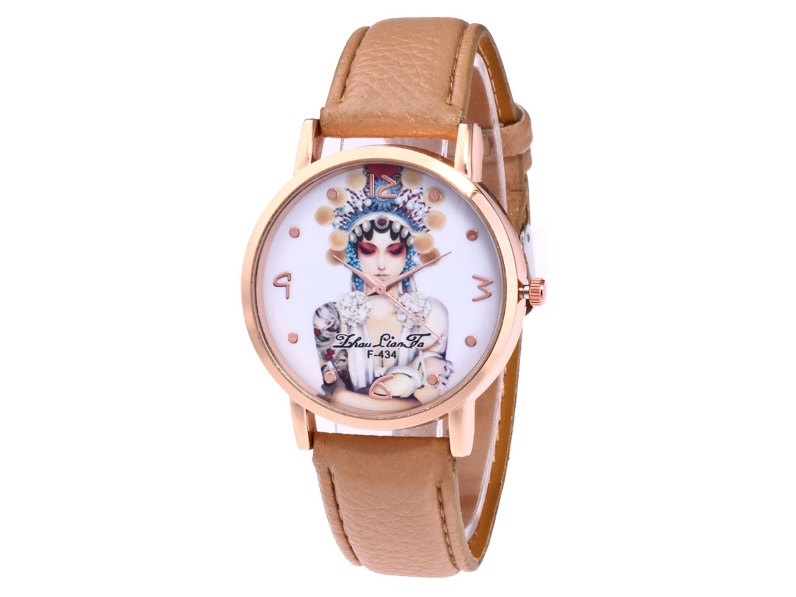 Relógio de Pulso Feminino de Quartzo com Pulseira de Couro Pu Estilo Simples Bege