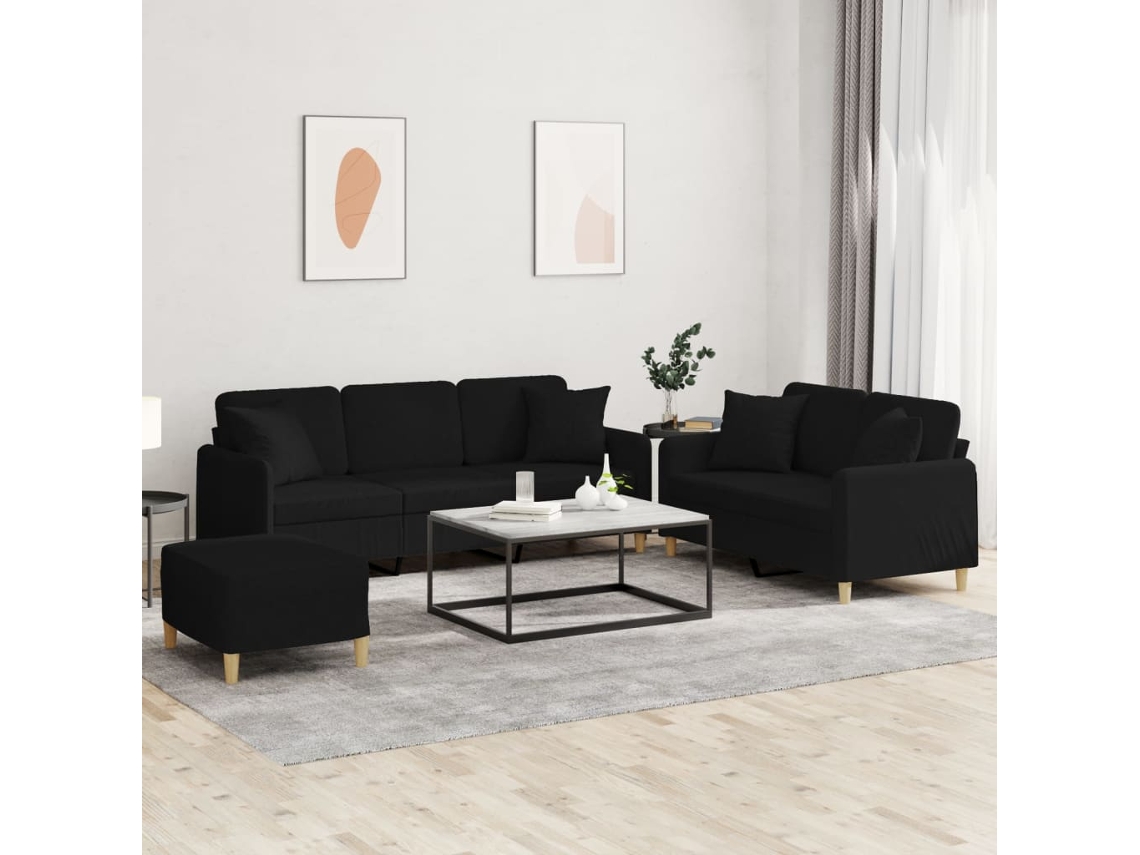 Vidaxl 3 Pcs Conjunto De Sofás Com Almofadas Tecido Preto