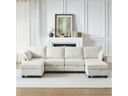 Sofá Canto Modular Chenille 4 Lugares Em U Com Chaise Longue E Armazenamento Bege