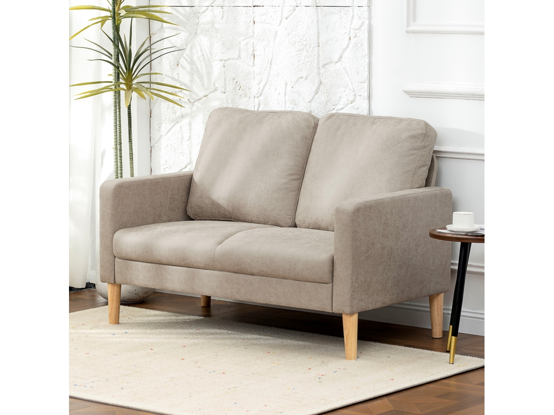 Sofá 2 Lugares Estofado Microfibra Moderno Pés Madeira Apoio Braços 130x78x85cm Creme