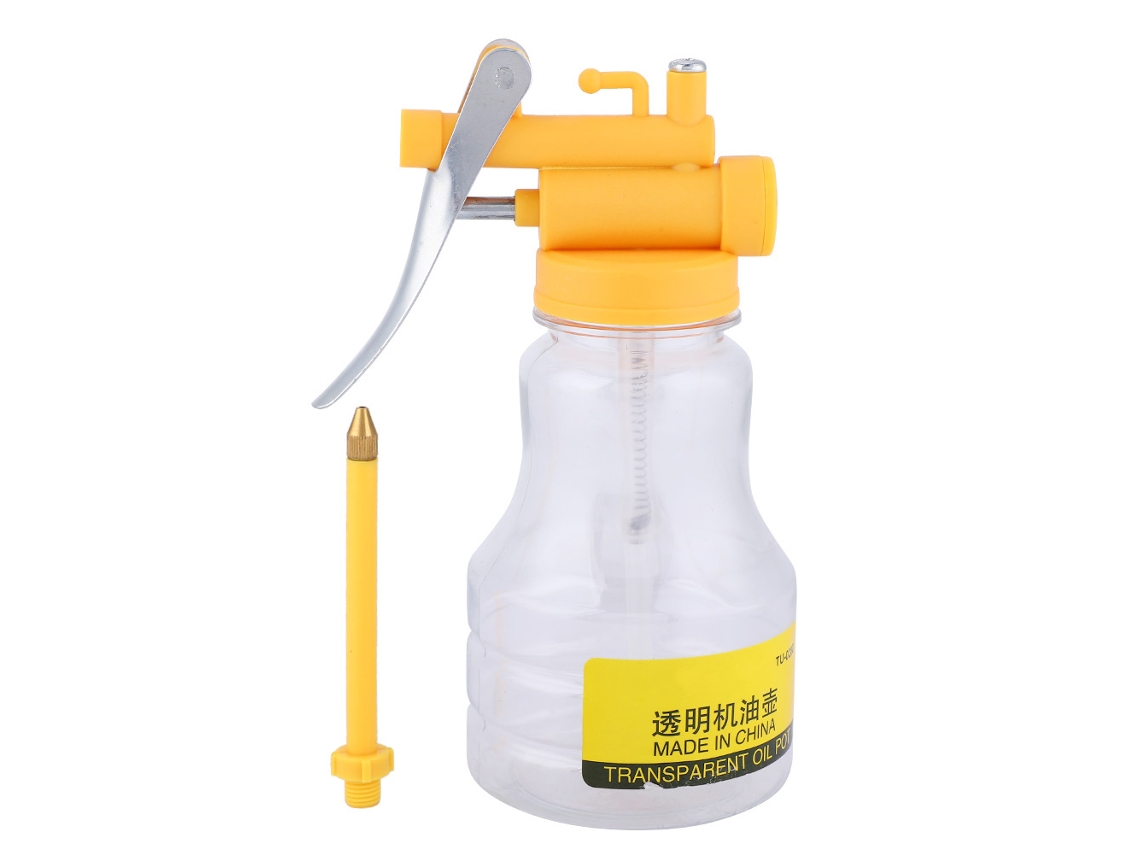 Frasco transparente TU-0280 para óleo de máquina com tubo rígido, atomizador de óleo de 350 g.