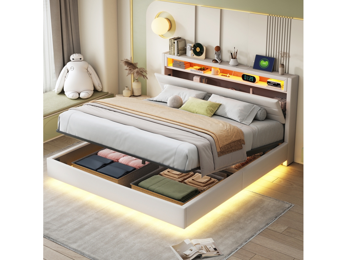 Cama Bege 160x200cm Estofada, Hidráulica Flutuante, Usb, Led, Cabeceira Reversível.-op