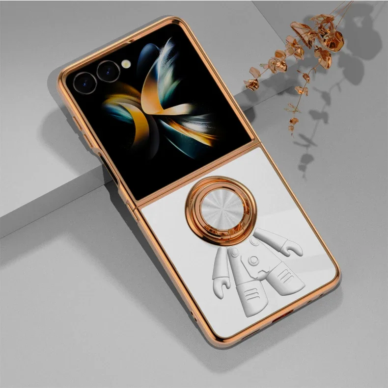 (branco, Galaxy Z Flip7 Fe) Capa Elegante Com Acabamento Galvanizado, Estampa De Astronauta E Suporte De Anel Magnético