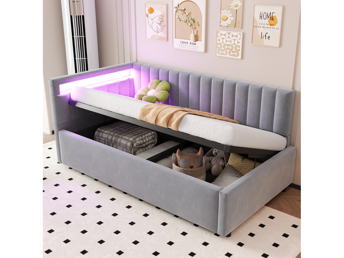 Sofá Cama VSOGA, 90x200 cm, Iluminação Led, Arrumação Hidráulica, Veludo, Cinzento Claro