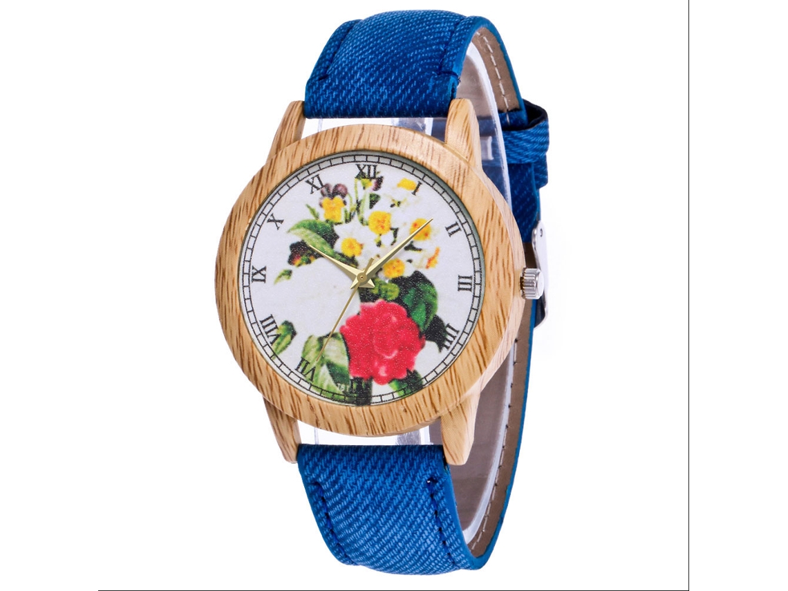 Relógio de Pulso Feminino Jeans Flor Retro Fashionável com Pulseira Azul