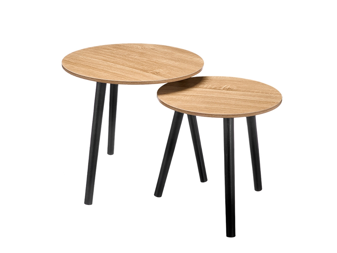 Conjunto de 2 Mesas Auxiliares Naturais com Pernas Pretas. Diâmetros de 39cm e 48cm. DAM