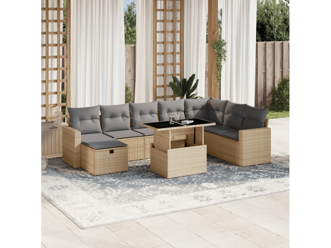Vidaxl 9 Pcs Conjunto De Sofás P/ Jardim Com Almofadões Vime Pe Bege