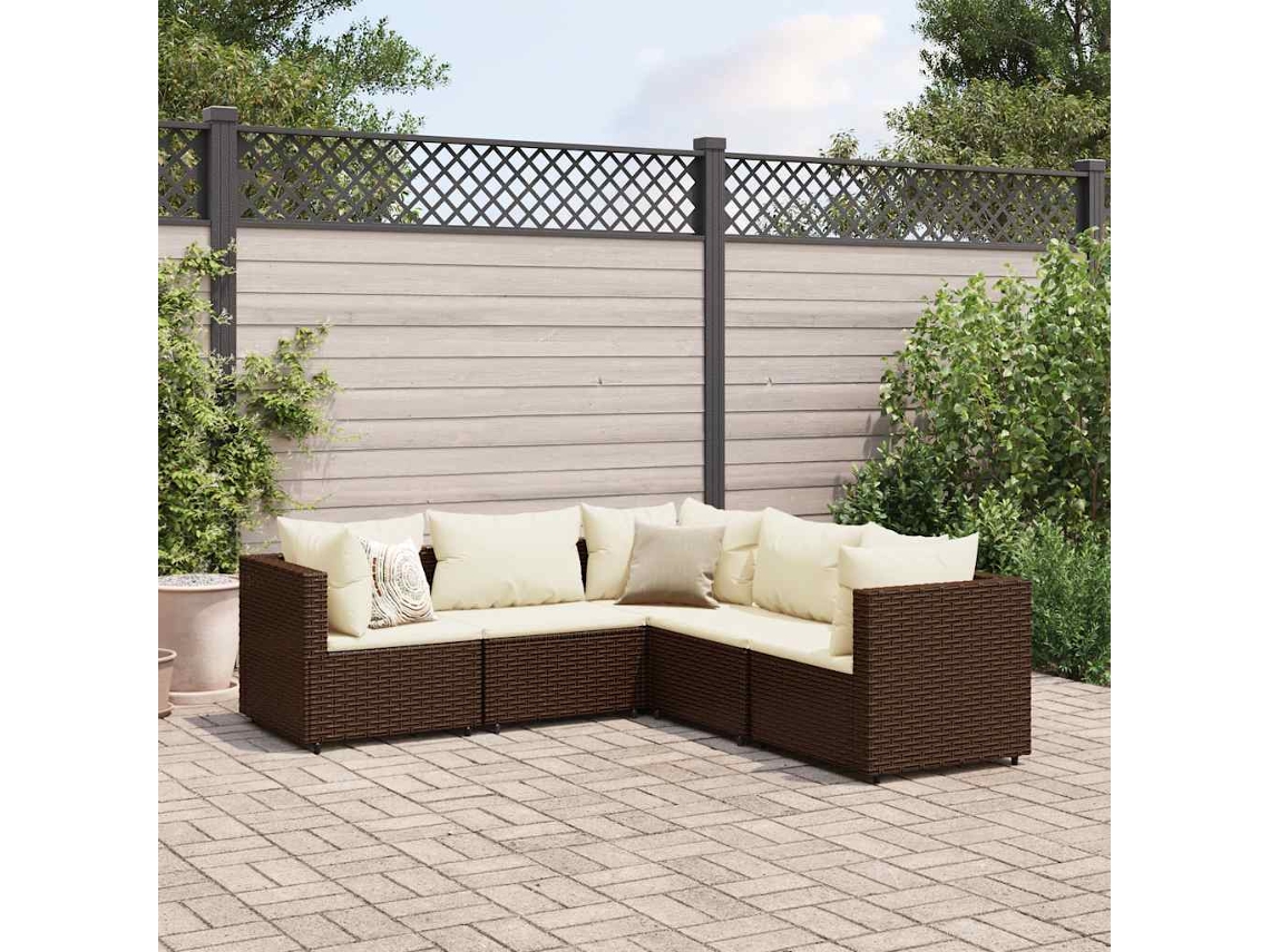 Vidaxl 5 Pcs Conjunto Lounge Jardim C/ Almofadões Vime Pe Castanho
