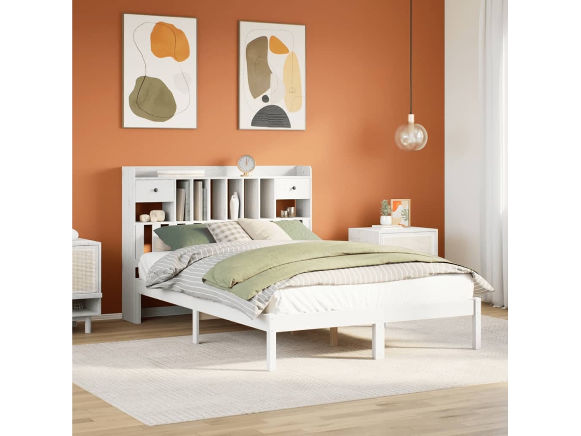 Cama Com Estante Sem Colchão 140x200 Cm Pinho Maciço Branco