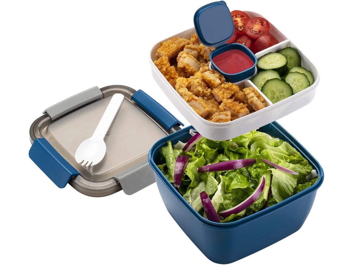 Salad Lunch Container To Go Tigelas de Salada com 3 Compartimentos Recipiente para Molhos de Salada Azul 1,5L