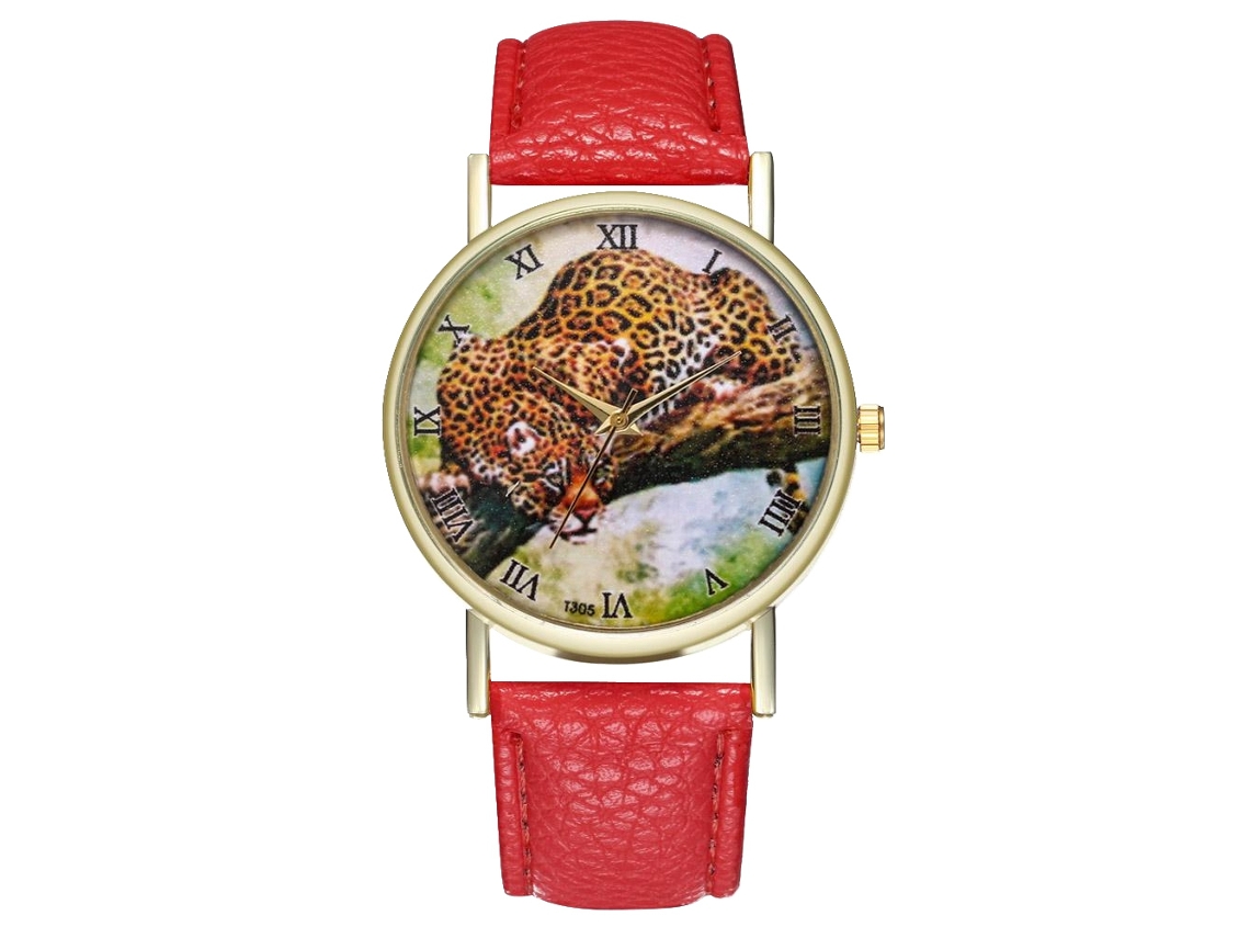 Reloj De Cuarzo Unisex Con Correa De Cuero Pu Moda Dial Leopardo Rojo