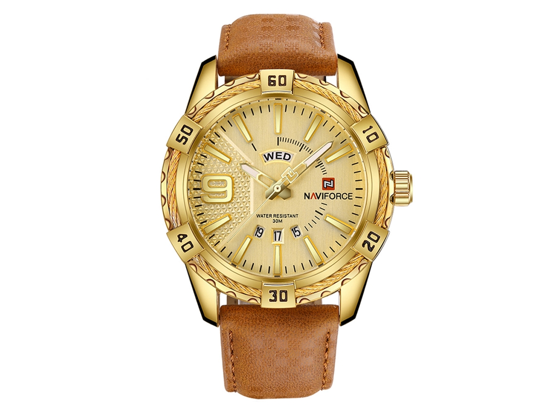 Relógio Masculino Naviforce de Couro Autêntico Resistente À Água 30m Quartz Dourado