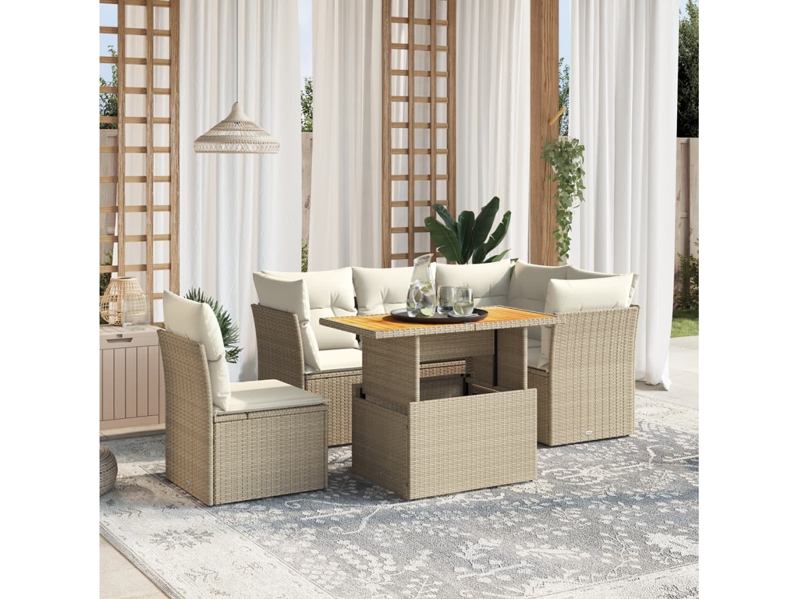 Vidaxl 5 Pcs Conjunto De Sofás P/ Jardim Com Almofadões Vime Pe Bege