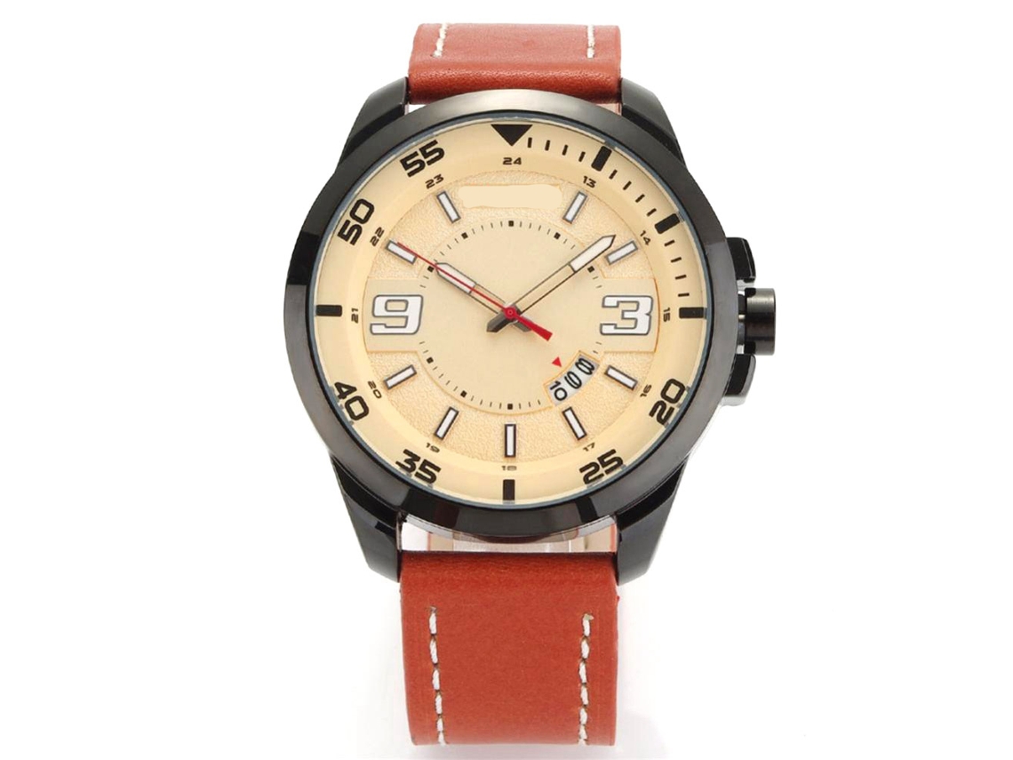 Relógio de pulso elegante em liga metálica com pulseira de couro, mostrador redondo e movimento analógico de quartzo (amarelo)