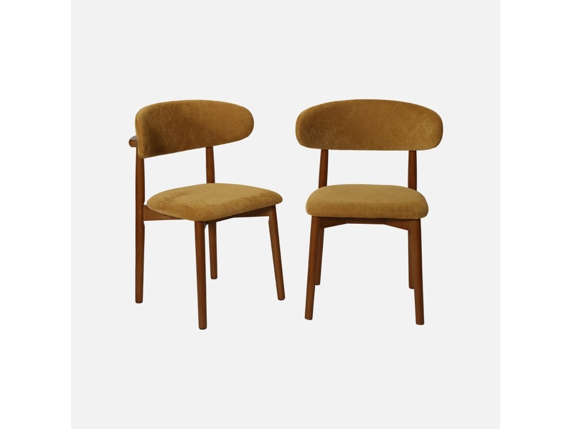 Cadeiras de Madeira de Seringueira Nogueira com Tecido Chenille, Set de 2, Amarelo Mostarda SWEEEK
