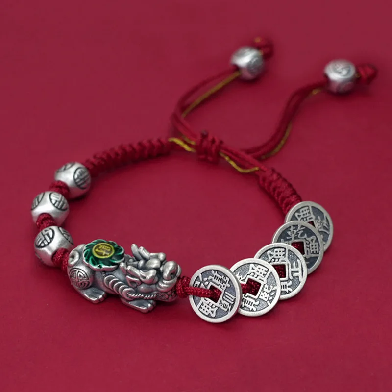 Pulseira de Cobre com Bênção do Pixiu do Feng Shui, Pulseira Tecida À Mão MDUG (vermelha)