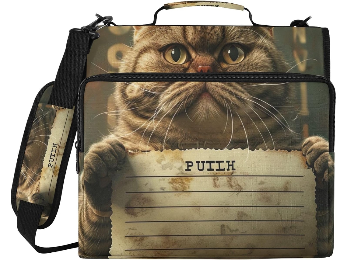 Organizador de massas divertido com tema de gato, resistente à água, com fecho de zíper e compartimento para laptop.