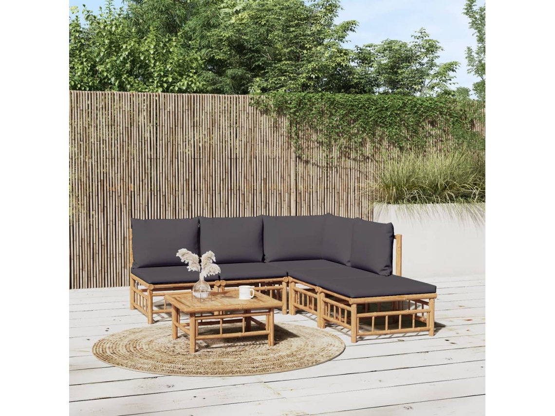 Vidaxl 6 Pcs Conjunto Lounge Jardim Bambu C/ Almofadões Cinza-escuro