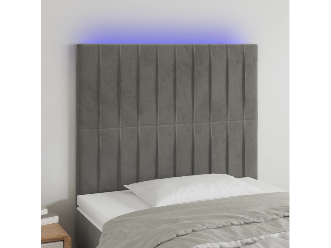 Vidaxl Cabeceira Cama C/ Luzes Led Veludo 90x5x118/128cm Cinza-claro
