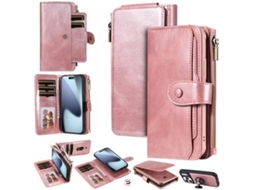 Capa Carteira Em Couro Sintético Com Zíper Removível Para Iphone 17 Pro Max - Ouro Rosa