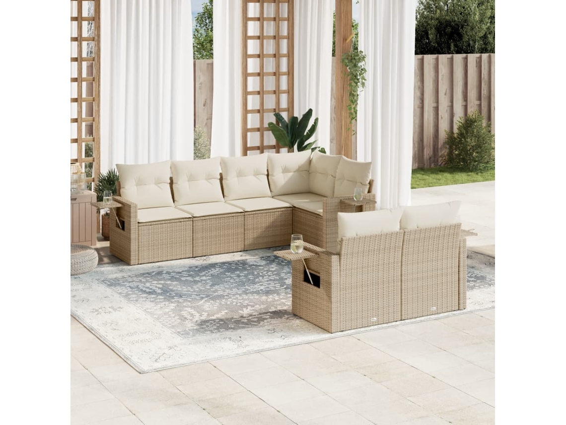 Vidaxl 7 Pcs Conjunto De Sofás P/ Jardim Com Almofadões Vime Pe Bege